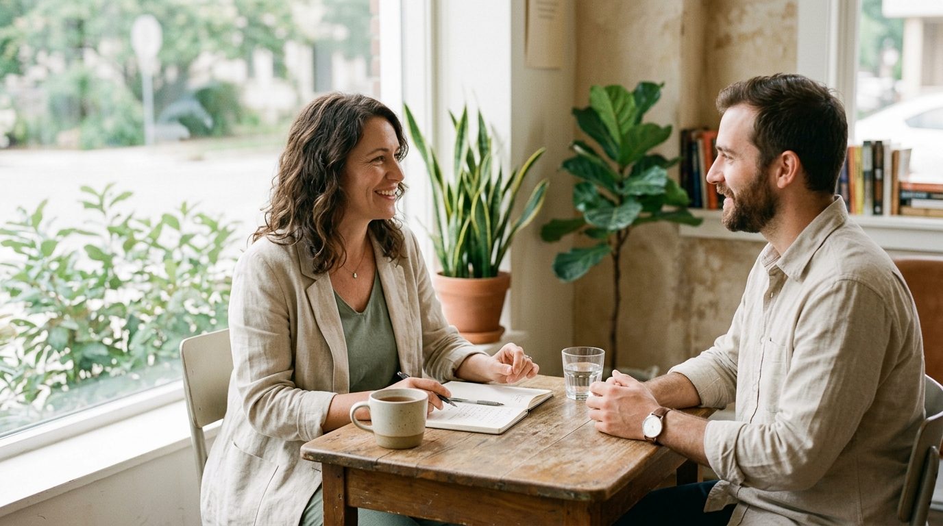 A coach and client in an unhurried conversation across a table in a bright, calm room.