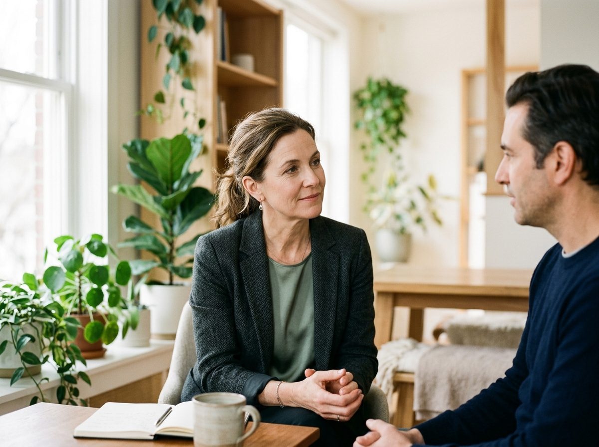 A coach listening closely to a client across a table in a calm, bright room.