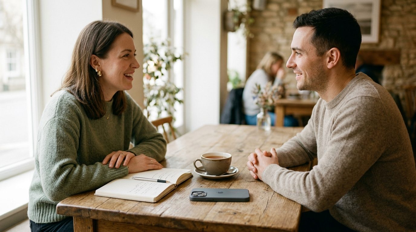 Two people in conversation with a phone resting face-down on the table between them.